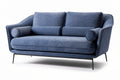 Stylowy niebieski sofa z poduszkami, nowoczesny design i metalowe nogi.